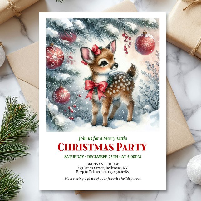 Convite de Natal infantil com cervo bebê alegre em (baby deer Christmas invite,
snowy forest Christmas card,
watercolor Christmas invitation,
red green )