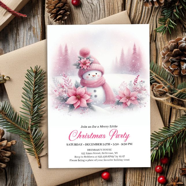 Convite de Natal Infantil Digital Rosa Clássico Ho (Classic Pink Snowman Kids Christmas Invite Digital File)