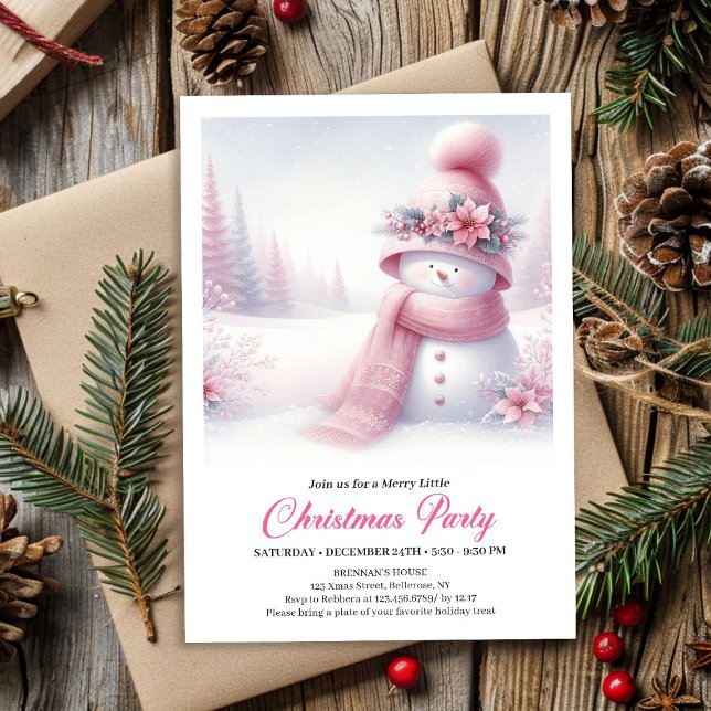 Convite de Natal Infantil Homem de Neve Rosa Coque (Lovely Coquette Pink Snowman Kids Christmas Invite Download)