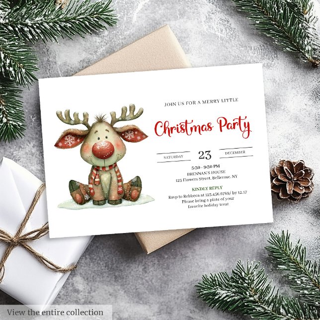 Convite de Natal moderno aquarela de rena excêntri (Quirky Reindeer modern watercolor Christmas invitation)