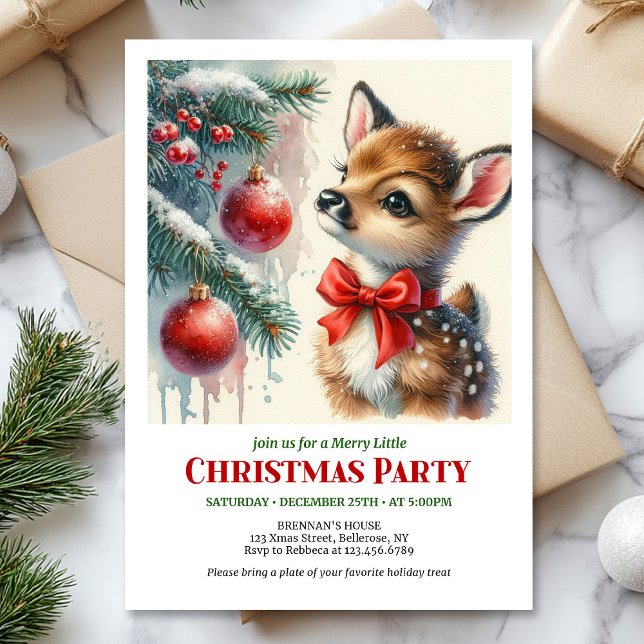 Convite de Natal moderno em aquarela com cervo beb (Modern watercolor baby deer snowy forest cozy Christmas invitation

)