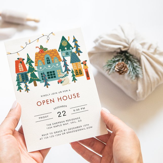 Convite de Natal Open House (Cute Retro Holiday Houses Open House Christmas Invitation by Painted Paperie)