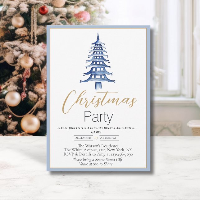 Convite de Natal Pagode azul empoeirado Chinoiseri (Chinoiserie Pagoda Christmas tree: Christmas Party invitation in dusty blue)