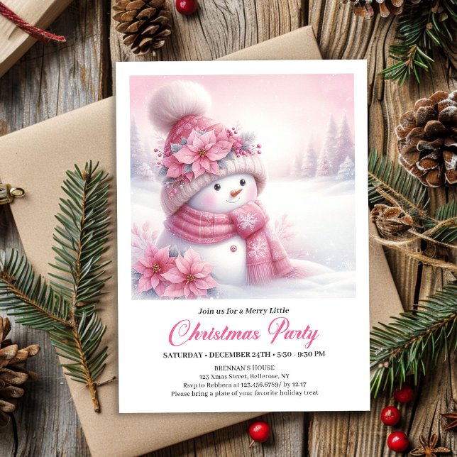 Convite de Natal para Crianças Boneco de Neve Rosa (Modern Pink Snowman Kids Download Christmas Invitation

)