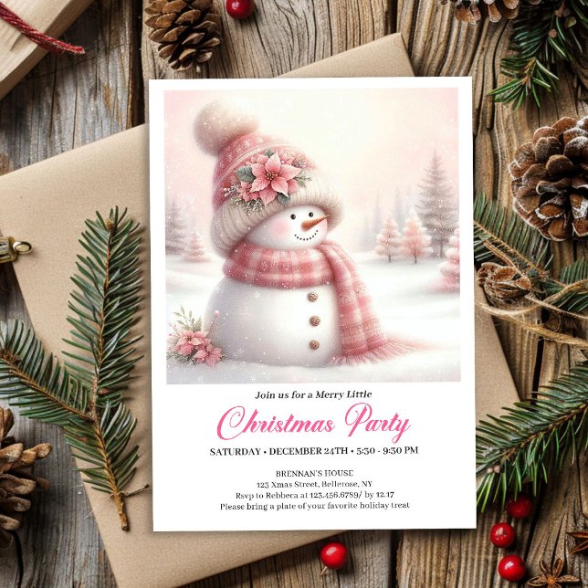 Convite de Natal para Crianças Homem de Neve Coque (Cute pink snowman Christmas invitation,
coquette snowman invitation  FOR CHILDREN,
Funny kids style )