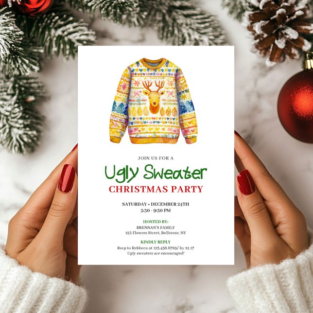Convite de Natal para Festa de Suéter Feio e Diver (Bright Funny Ugly Sweater Xmas Party Invite)
