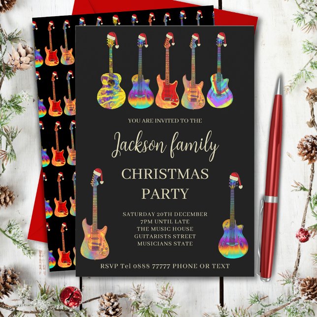 Convite de Natal para Festa Familiar com Tema Musi (Music themed family christmas party invitation with cool colorful guitars wearing Santa hats)