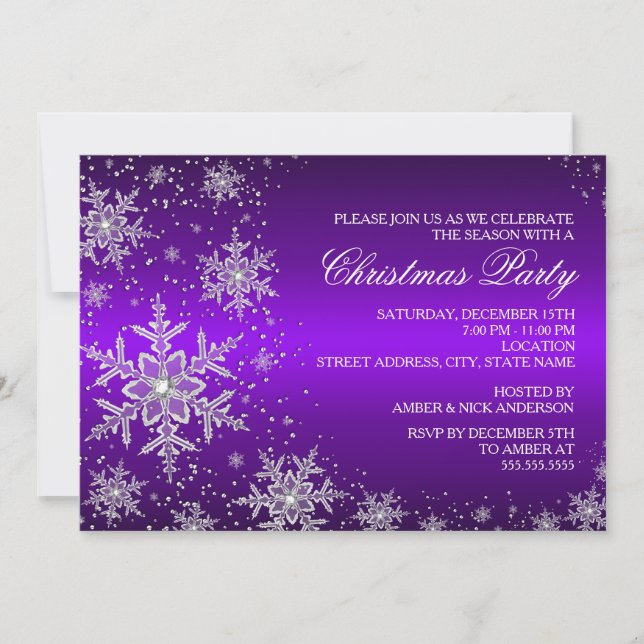 Convite de Natal Roxo Festa com Floco de Neve Bril (Frente)