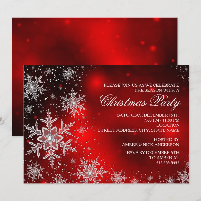 Convite de Natal Vermelho com Floco de Neve Brilha (Frente/Verso)