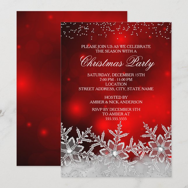 Convite de Natal Vermelho Floco de Neve Cristal pa (Frente/Verso)