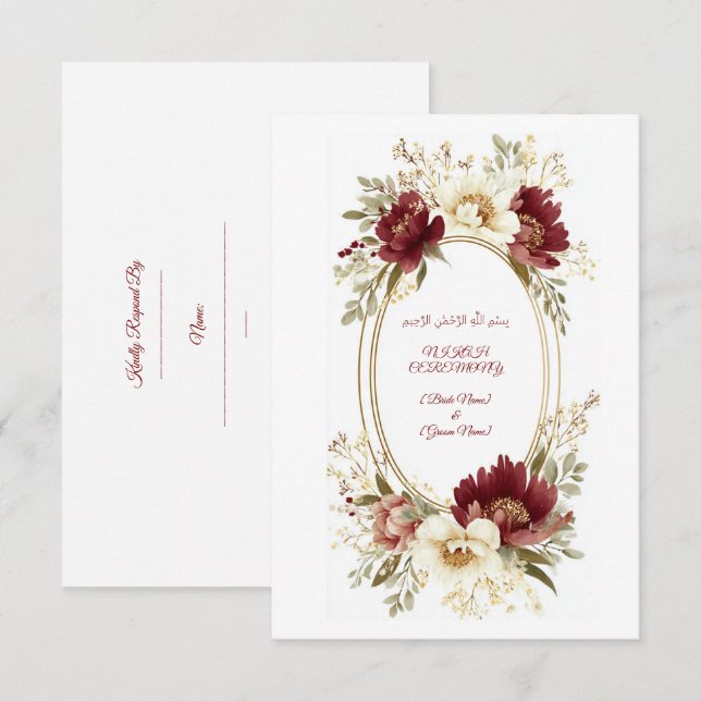 Convite de Nikah Elegante com RSVP - Floral Marrom (Frente/Verso)