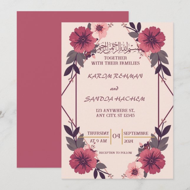 Convite de Nikah Islâmico Casamento Muçulmano Azul (Frente/Verso)