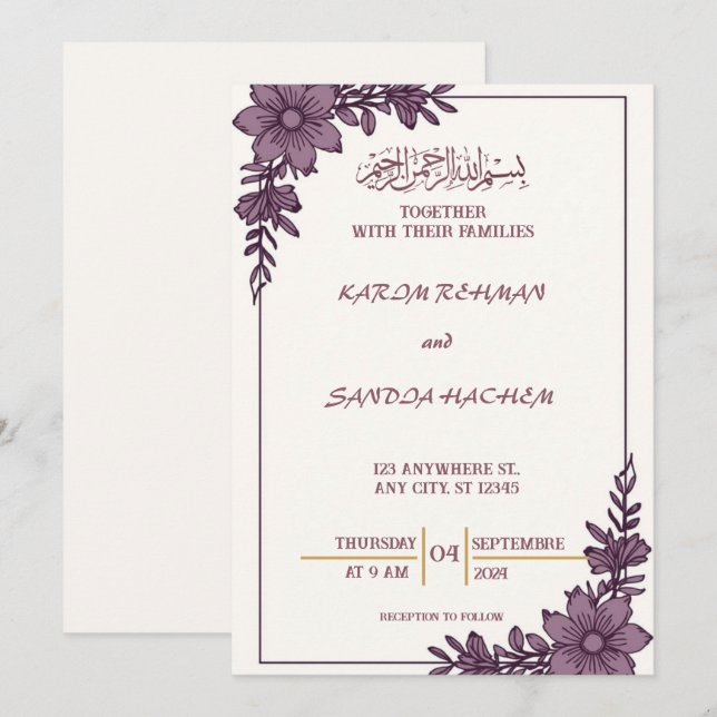Convite de Nikah Islâmico Casamento Muçulmano Azul (Frente/Verso)