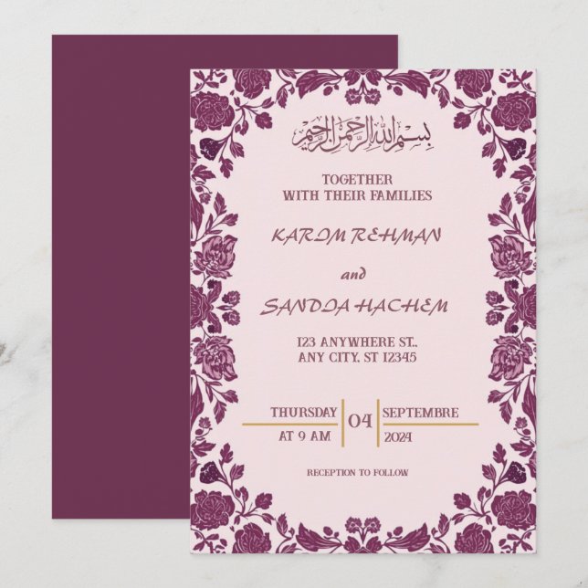 Convite de Nikah Islâmico Casamento Muçulmano Azul (Frente/Verso)