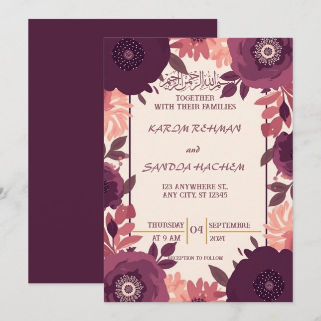 Convite de Nikah Islâmico Casamento Real Azul (Frente/Verso)