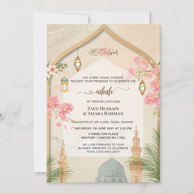 Convite de Nikah para Casamento Elegante Masjid An (Frente)