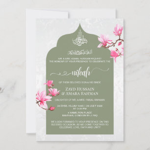 Convite de Nikah Verde Sálvia Elegante Magnólias