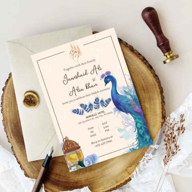 convite de Nikkah de pavão muçulmano ilustrado (illustrated peacock nikkah invitation wedding card muslim arabian nikkah nikah)