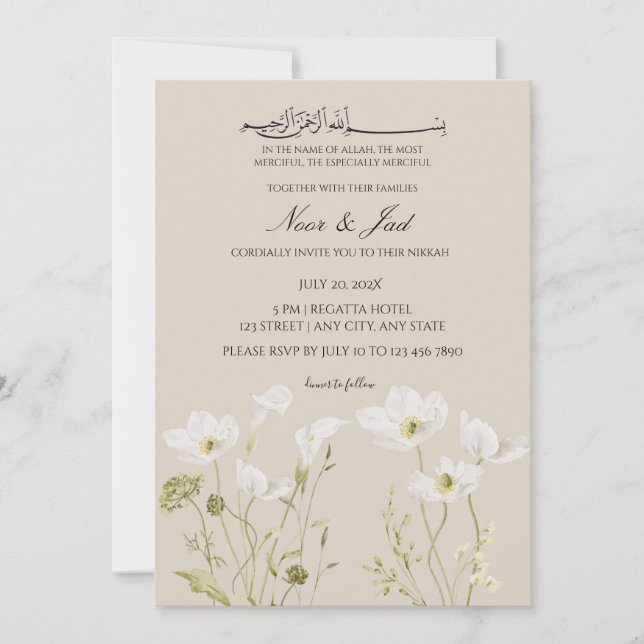 Convite de Nikkah Islâmico Floral Branco Elegante (Frente)