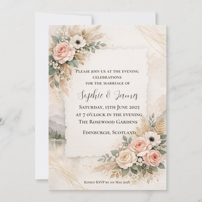 Convite de Noite de Casamento Boho Pampas Rosa Cor (Frente)