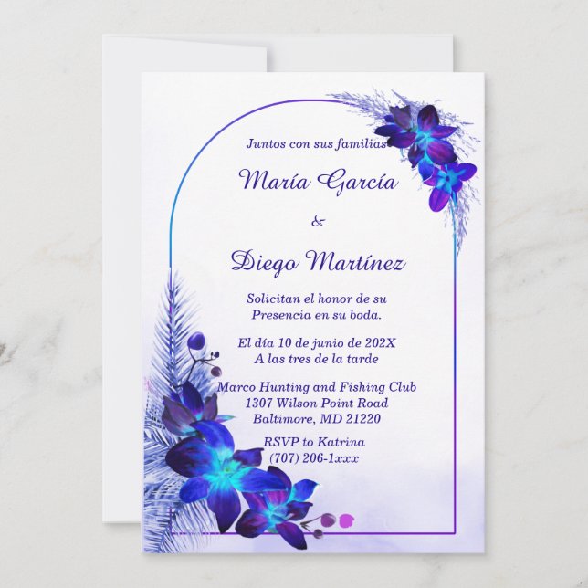 Convite De Noiva Azul e Roxo Personalizáveis (Frente)