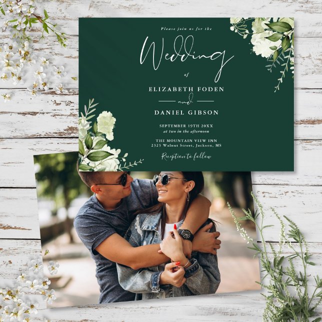 Convite de Noiva Botânica Verde Esmeralda para Cas (Emerald Green Botanical Greenery Photo Wedding Invitation)