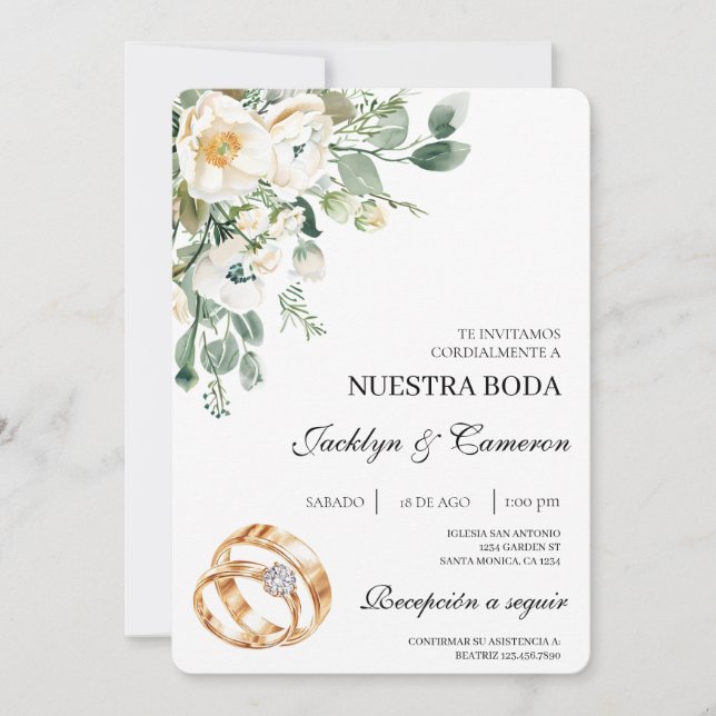 Convite de Noiva com Floral Branco e Anel em Espan (Frente)