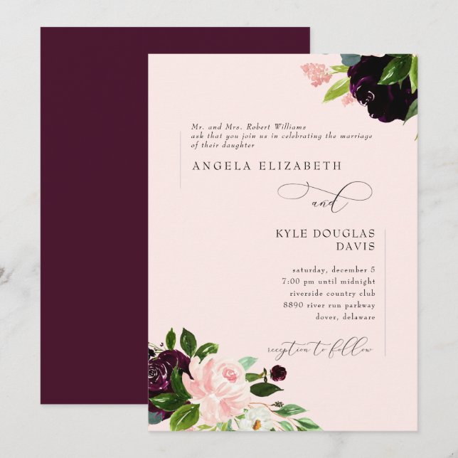 Convite de Noiva com Flores Elegantes Rosa e Vinho (Frente/Verso)
