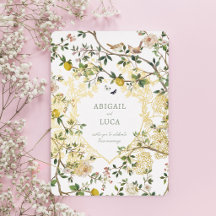 Convite de Noiva com Folhas Douradas e Pássaros em