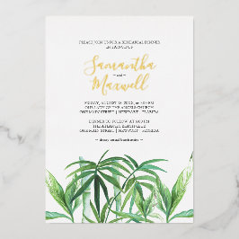 Convite de Noiva com Folhas Tropicais em Aquarela