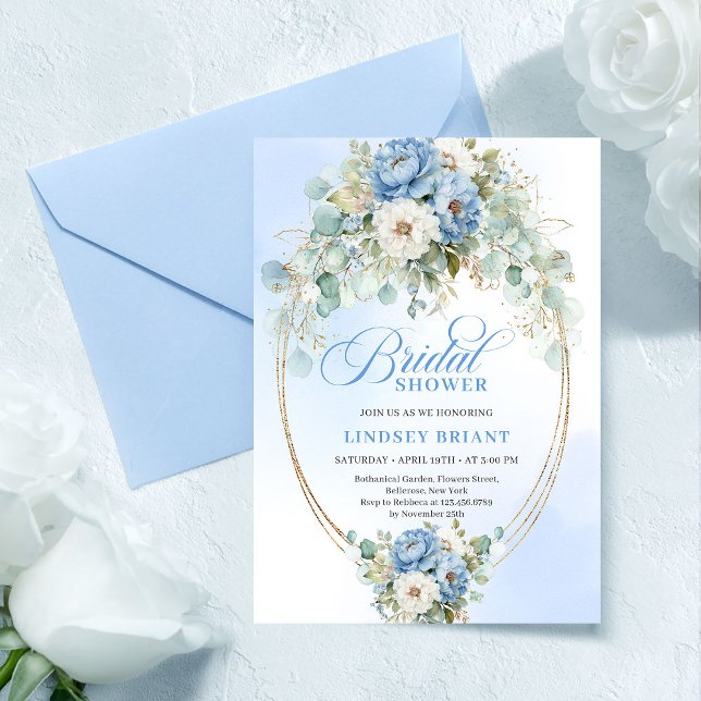 Convite de Noiva com Peônias Azuis Polvilhadas e F (Graceful Dusty Blue Peonies Greenery Bridal Invitation)