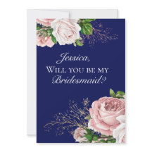 Convite de Noiva com Rosas Florais em Azul Marinho