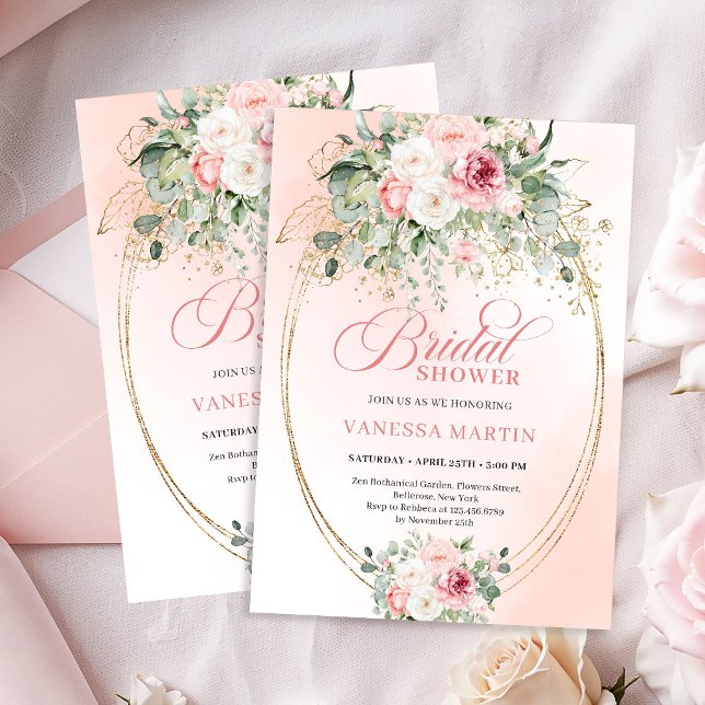 Convite de Noiva em Dourado para Chá de Noiva com  (Luxury Blush Roses Bridal Shower Gold Invitation)