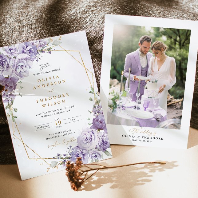 Convite de Noiva Floral Lavanda Dourado Geométrico (Lavender Floral Gold Geometric Photo Back Wedding Invitation, elegant purple rose wedding stationery)