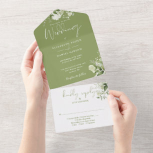 Convite de Noiva Floral Verde Musgo Monograma