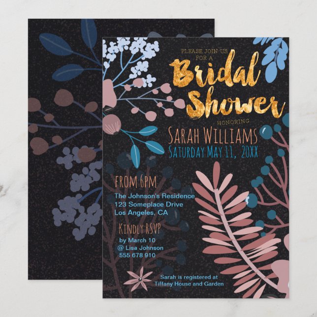 Convite de noiva | Grande Rosa Floral Rosa e Azul (Frente/Verso)