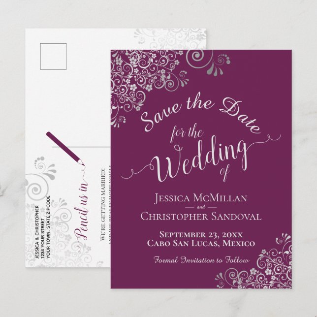 Convite de Noivado Cassis Roxo Casamento Silver Fr (Frente/Verso)