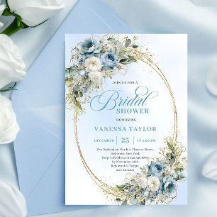 Convite de Noivado Chic Dusty Blue Flores Dourado