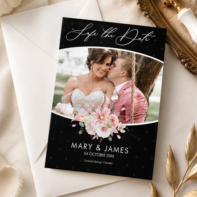 Convite de Noivado com Floral Preto Elegante para  (Elegant Black Floral Save the Date Wedding Invite, Wedding Announcement, Photo Save the Date)