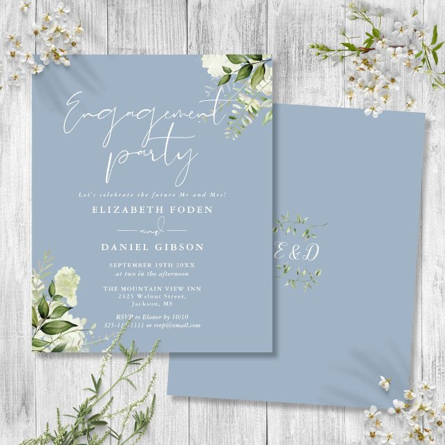 Convite de noivado com flores em azul empoeirado e (Budget Floral Dusty Blue Engagement Party Invite)