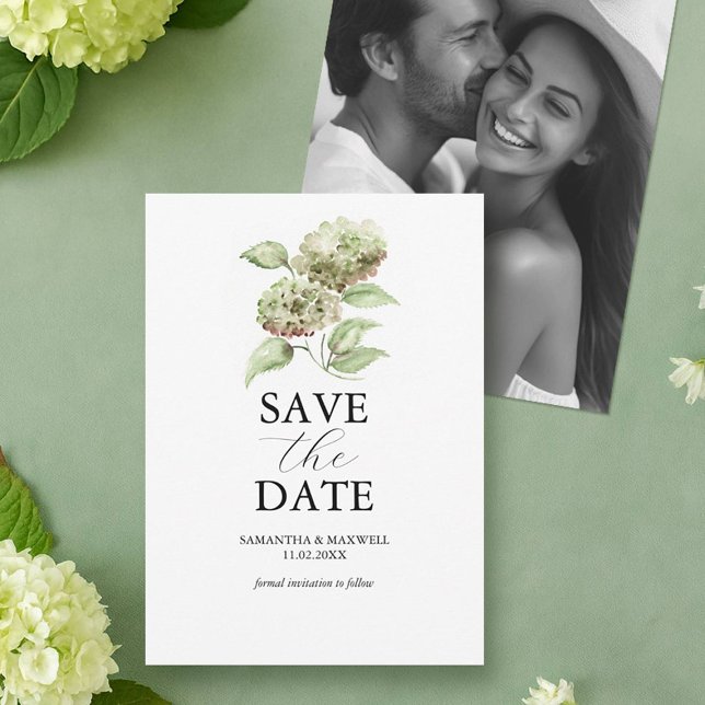 Convite de Noivado com Hortênsia Verde e Foto (green hydrangea photo save the date with hand painted watercolor floral art Victoria Do Tell A Belle)