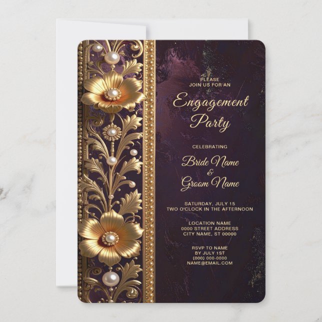 Convite de Noivado com Ornamento Floral Dourado e  (Frente)