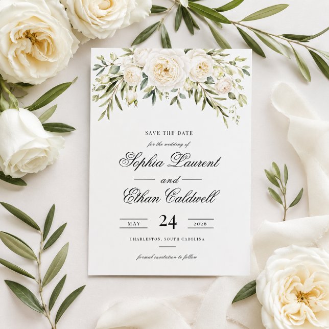 Convite de Noivado com Rosas Brancas de Jardim (Save your date with timeless white roses and elegant minimalist style.)