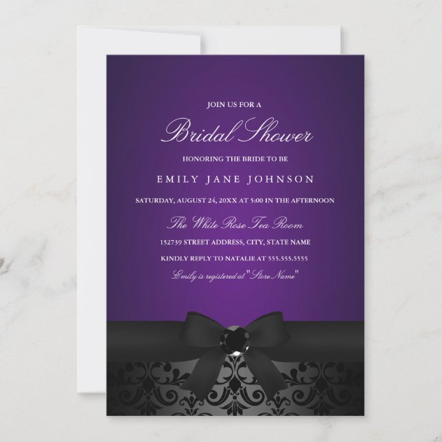 Convite de Noivado Damask Preto e Roxo (Frente)