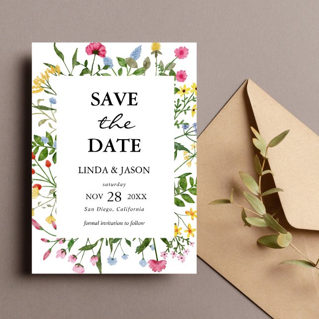 Convite de Noivado de Casamento com Flores Silvest (Modern colorful wildflower save the date invites announce your day with fresh joyful style)