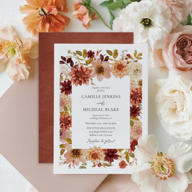 Convite de Noivado de Jardim Elegante (Elegant Fall Floral Burgundy Terracotta Wedding Invite)