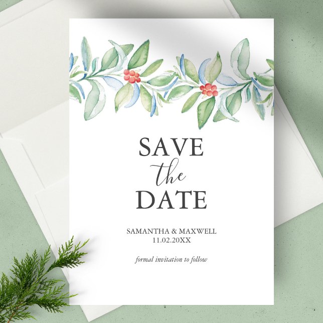 Convite de Noivado de Natal para Salvar a Data do  (Christmas wedding save the date botanical berries & leaves watercolor art by Victoria Grigaliunas)
