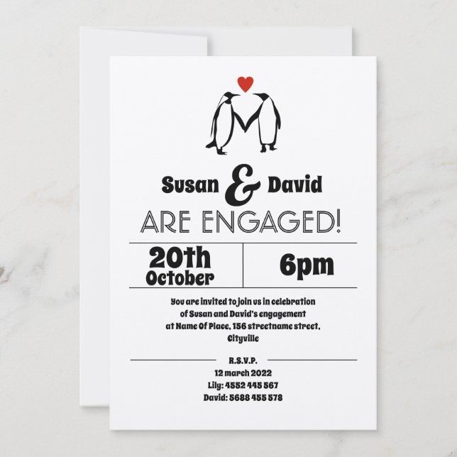 Convite de Noivado de Pinguim Amor (Frente)