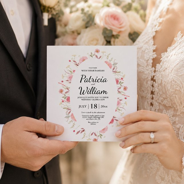 Convite de Noivado Elegante com Flores Silvestres  (Pink Wildflowers Elegant Save the Date Wedding, Pink Floral Wedding Invite)