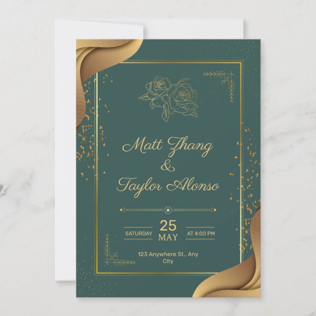 Convite de Noivado Elegante Verde e Dourado (Frente)